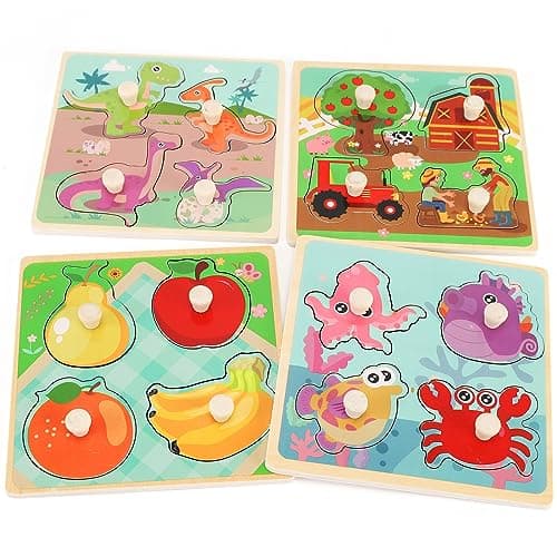Slotic Wooden Peg Puzzles for Toddlers, 4 Pack